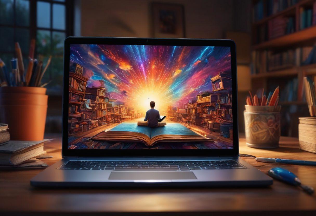 A visually striking digital canvas featuring an open laptop with colorful storytelling elements like books, chat bubbles, and illustrations around it, symbolizing the fusion of technology and narrative. Include a diverse group of people engaged in storytelling, with vibrant light emanating from the screen, representing creativity and connectivity in the digital age. Illustrate a dynamic blend of traditional and modern storytelling tools like pens, tablets, and sound waves. super-realistic. vibrant colors. 3D.