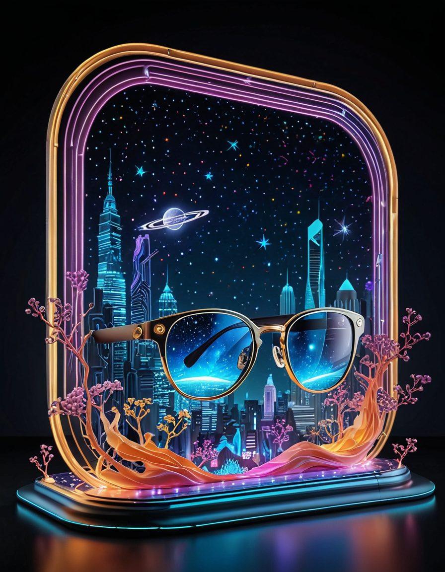An imaginative digital scroll unfurling with vibrant interactive elements showcasing various storytelling mediums, such as blogs, videos, and podcasts, interspersed with futuristic technology like AR glasses and holograms. The background features subtle hints of a digital landscape with glowing circuits and a starry night sky, symbolizing innovation and creativity. super-realistic. vibrant colors. 3D.