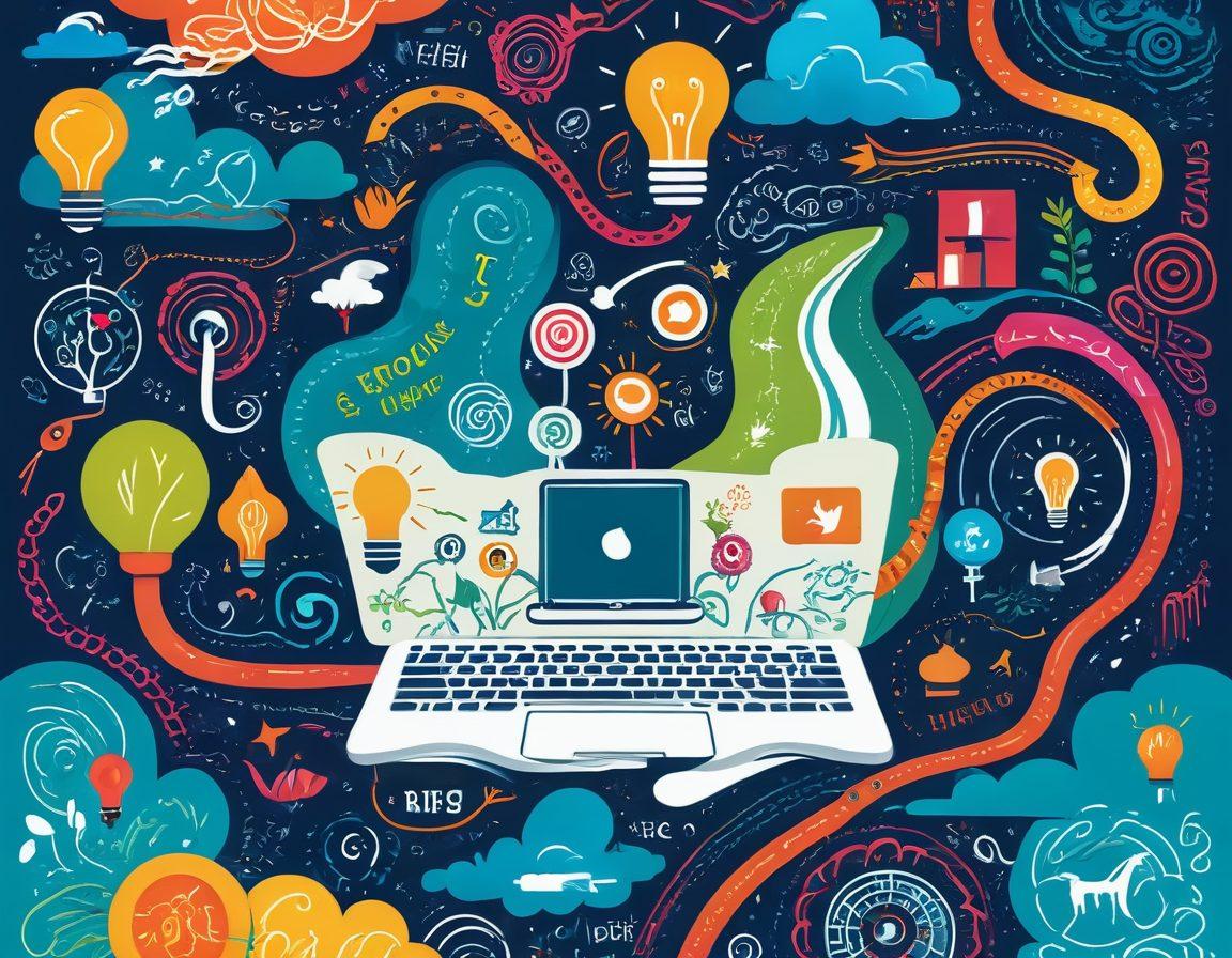 A whimsical map illustrating various blogging trends and tools, featuring a winding path that represents a blogger's journey with signs denoting SEO, social media, and content creation. Include colorful icons around the map like a laptop, a light bulb, and a pencil. The background should be bright and inviting, symbolizing exploration and creativity. Style: vector art. vibrant colors.